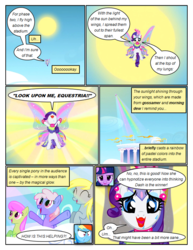 Size: 612x792 | Tagged: safe, artist:newbiespud, edit, edited screencap, screencap, derpy hooves, merry may, rainbow dash, rainbowshine, rarity, twilight sparkle, pegasus, pony, unicorn, comic:friendship is dragons, g4, angry, artificial wings, augmented, background pony, cheering, comic, dialogue, do i look angry, eyelashes, eyes closed, female, flying, lipstick, magic, magic wings, mare, screencap comic, spread wings, sun, sweat, unicorn twilight, wings
