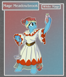 Size: 1688x1950 | Tagged: safe, alternate version, artist:brownie-bytes, meadowbrook, earth pony, anthro, unguligrade anthro, g4, cloak, clothes, crossover, final fantasy, ladle, potion, solo, story included, white mage