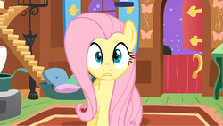 Size: 1363x769 | Tagged: safe, screencap, fluttershy, pegasus, pony, g4, stare master, female, fluttershy's cottage, i've seen some shit, looking at you, oh shi-!, solo, stare