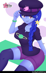Size: 783x1244 | Tagged: safe, artist:clouddg, space camp, equestria girls, equestria girls series, g4, big breasts, breasts, busty space camp, cap, clothes, female, hat, looking at you, multiple variants, not luna, shorts, signature, smiling, socks, solo, thigh highs, wide hips, zettai ryouiki