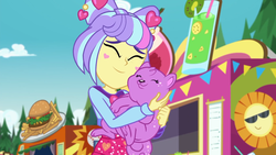 Size: 1920x1080 | Tagged: safe, screencap, princess thunder guts, supernova zap, dog, equestria girls, equestria girls series, g4, lost and pound, my little pony equestria girls: choose your own ending, spoiler:eqg series (season 2), burger, cuddling, cute, eyes closed, female, food, food truck, french fries, hamburger, hug, lost and pound: fluttershy, outdoors, su-z, su-z-betes