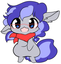 Size: 761x807 | Tagged: safe, artist:larae, oc, oc only, oc:cinnabyte, earth pony, pony, adorkable, bandana, chibi, cinnabetes, cute, dork, ear fluff, earth pony oc, glasses, no nose, open mouth, pigtails, solo, standing