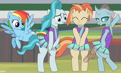 Size: 1980x1200 | Tagged: safe, artist:sunshi, lighthoof, ocellus, rainbow dash, shimmy shake, changeling, pegasus, pony, 2 4 6 greaaat, g4, bipedal, cheerleader ocellus, cheerleader outfit, clothes, covering, cute, diaocelles, embarrassed, female, lightorable, marilyn monroe, miniskirt, movie reference, pleated skirt, ponytail, schrödinger's pantsu, shakeabetes, skirt, skirt lift, the seven year itch, upskirt, wind