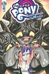 Size: 1054x1600 | Tagged: safe, artist:sara richard, idw, rarity, cerberus, g4, official, spoiler:comic, spoiler:comic82, cover, drool, face licking, licking, multiple heads, three heads, tongue out
