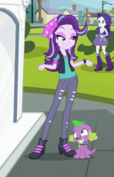 Size: 374x579 | Tagged: safe, artist:dashiesparkle edit, artist:illumnious, edit, screencap, rarity, spike, spike the regular dog, starlight glimmer, dog, equestria girls, equestria girls specials, g4, mirror magic, angry, animated, beanie, beanie hat, clothes, cropped, female, gif, hat, implied shipping, implied straight, jealous, male, ripped pants, ship:sparlight, shipping, straight, torn clothes, unf, vector