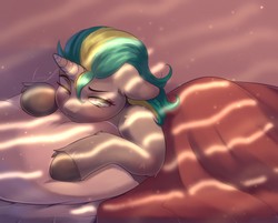 Size: 1280x1030 | Tagged: safe, artist:peachmayflower, oc, oc only, pony, unicorn, bed, blanket, female, in bed, lying down, mare, pillow, prone, solo, waking up