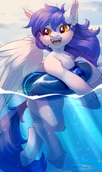 Size: 759x1280 | Tagged: safe, artist:peachmayflower, oc, oc only, oc:gabriel, pegasus, pony, chest fluff, ear fluff, fangs, female, floating, inner tube, mare, solo, swimming, water