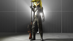 Size: 3840x2160 | Tagged: safe, artist:popa-3d-animations, applejack, equestria girls, g4, 3d, anti-materiel rifle, clothes, cosplay, costume, fallout, female, gun, high res, rifle, sniper rifle, solo, veteran ranger, weapon