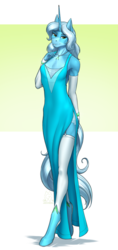 Size: 2242x4750 | Tagged: safe, artist:mykegreywolf, oc, oc only, oc:skybright bliss, unicorn, anthro, unguligrade anthro, anthro oc, clothes, commission, dress, female, garter belt, garters, high res, horn, jewelry, long horn, mare, necklace, shoes, side slit, smiling, solo, stockings, tall, thigh highs, total sideslit
