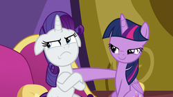 Size: 1920x1080 | Tagged: safe, screencap, rarity, twilight sparkle, alicorn, pony, unicorn, dragon dropped, g4, angry, crossed hooves, cute, fainting couch, floppy ears, frown, lidded eyes, madorable, out of context, pouting, raribetes, twilight sparkle (alicorn)