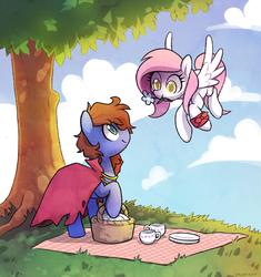 Size: 1982x2107 | Tagged: safe, artist:dawnfire, oc, oc only, oc:bizarre song, oc:sugar morning, pegasus, pony, basket, cape, clothes, couple, cute, flower, flower in mouth, flying, mouth hold, picnic, picnic basket, picnic blanket, sugarre, tree