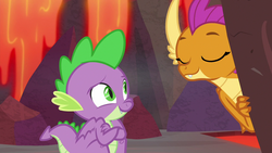 Size: 1280x720 | Tagged: safe, screencap, smolder, spike, dragon, g4, sweet and smoky, crossed arms, cute, dragoness, duo, eyes closed, female, lava, male, smolderbetes, winged spike, wings