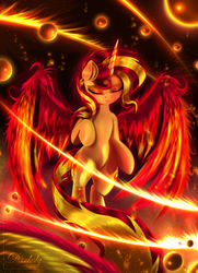 Size: 4550x6300 | Tagged: safe, artist:darksly, sunset shimmer, alicorn, pony, g4, alicornified, commission, digital art, eyes closed, female, fiery shimmer, fire, mare, race swap, shimmercorn, solo, sunset phoenix, sunshine shimmer
