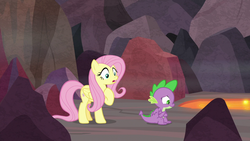 Size: 1280x720 | Tagged: safe, screencap, fluttershy, spike, dragon, pegasus, pony, g4, sweet and smoky, claws, duo, female, male, mare, winged spike, wings