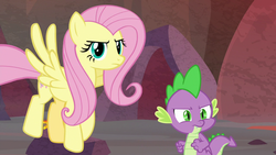 Size: 1280x720 | Tagged: safe, screencap, fluttershy, spike, dragon, pegasus, pony, g4, sweet and smoky, duo, female, male, mare, winged spike, wings