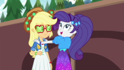 Size: 1920x1080 | Tagged: safe, screencap, applejack, rarity, equestria girls, equestria girls series, festival filters, g4, spoiler:eqg series (season 2), clothes, dress, female, geode of shielding, glasses, hat, magical geodes