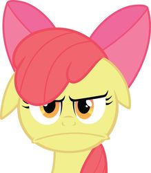 Size: 876x1000 | Tagged: safe, artist:felix-kot, apple bloom, earth pony, pony, g4, apple bloom is not amused, apple bloom's bow, bow, female, filly, floppy ears, grumpy, grumpy apple bloom, hair bow, looking at you, simple background, solo, unamused, white background