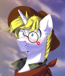 Size: 1280x1483 | Tagged: safe, artist:renka2802, oc, oc only, pony, bust, commission, embarrassed, evening, glasses, looking at someone, male, portrait, solo