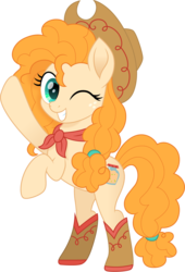 Size: 1020x1500 | Tagged: safe, artist:cloudy glow, pear butter, earth pony, pony, g4, beautiful, bipedal, boots, cowboy boots, cowboy hat, cowgirl, cute, digital art, female, hat, mare, movie accurate, one eye closed, pearabetes, rearing, shoes, simple background, smiling, solo, stetson, teeth, transparent background, vector, wink