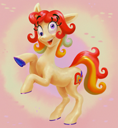 Size: 1380x1500 | Tagged: safe, artist:littmosa, oc, oc only, oc:littmosa, earth pony, pony, apple, derp, female, food, horseshoes, open mouth, rearing, smiling, solo, three quarter view