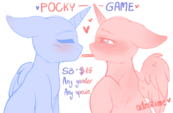 Size: 2436x1586 | Tagged: safe, artist:adostume, advertisement, auction, blushing, commission, couple, cute, food, halfbody, paypal, pocky, shipping, ych sketch, your character here