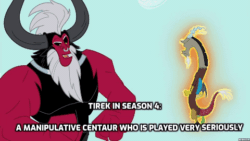Size: 480x270 | Tagged: safe, edit, edited screencap, screencap, discord, lord tirek, centaur, draconequus, frenemies (episode), g4, twilight's kingdom, animated, caption, duo, image macro, op is a duck, op is trying to start shit, text, tireking, villain decay