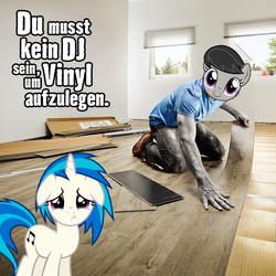Size: 960x960 | Tagged: safe, dj pon-3, octavia melody, vinyl scratch, human, g4, commercial, edited photo, floppy ears, german, germany, hornbach, human male, humanized, male, no source