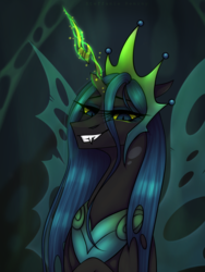 Size: 1536x2048 | Tagged: safe, artist:steffanie-remony, queen chrysalis, changeling, changeling queen, pony, g4, the ending of the end, bust, crown, female, glowing, glowing horn, horn, jewelry, mare, portrait, regalia, smiling, solo, ultimate chrysalis