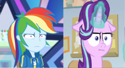 Size: 1048x570 | Tagged: safe, edit, edited screencap, screencap, rainbow dash, starlight glimmer, equestria girls, equestria girls series, g4, marks for effort, my little pony equestria girls: holidays unwrapped, spoiler:eqg series (season 2), :i, comparison, geode of empathy, geode of fauna, geode of shielding, geode of sugar bombs, geode of super speed, geode of super strength, geode of telekinesis, i mean i see, magical geodes