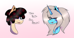 Size: 882x460 | Tagged: safe, artist:chazmazda, artist:timidwithapen, oc, oc only, oc:charlie gallaxy-starr, oc:timid cookie, alicorn, earth pony, pony, ;p, bust, duo, one eye closed, portrait, tongue out, wink