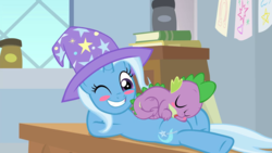 Size: 1280x720 | Tagged: safe, artist:kasarin-desu, edit, edited screencap, screencap, spike, trixie, a horse shoe-in, g4, blush sticker, blushing, female, male, one eye closed, shipping, spixie, straight, vector, wink