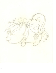 Size: 2550x3300 | Tagged: safe, artist:jamesalpha, big macintosh, fluttershy, earth pony, pony, g4, blob ponies, eyes closed, female, high res, male, monochrome, pencil drawing, ship:fluttermac, shipping, straight, traditional art