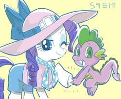 Size: 1527x1243 | Tagged: dead source, safe, artist:5mmumm5, rarity, spike, dragon, pony, unicorn, dragon dropped, g4, clothes, cute, duo, female, hat, male, mare, one eye closed, scarf, shorts, spikabetes, wink