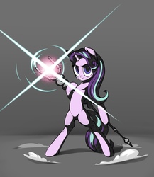 Size: 1874x2160 | Tagged: safe, artist:inowiseei, artist:road75, starlight glimmer, pony, unicorn, g4, bipedal, collaboration, female, looking at you, solo, staff, staff of sameness