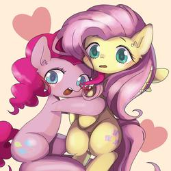 Size: 2000x2000 | Tagged: safe, artist:770nanao15, fluttershy, pinkie pie, earth pony, pegasus, pony, g4, female, heart, high res, hug, lesbian, looking at you, ship:flutterpie, shipping