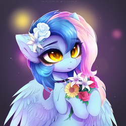 Size: 4380x4381 | Tagged: safe, artist:magnaluna, oc, oc only, oc:chrysocolla dawn, pegasus, pony, abstract background, absurd resolution, bouquet, bust, choker, cute, female, flower, flower in hair, hoof hold, mare, ocbetes, portrait, solo, spread wings, three quarter view, wings, yellow eyes
