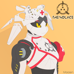 Size: 2400x2400 | Tagged: safe, artist:mopyr, oc, oc only, cyborg, original species, anthro, biomechanoid, black sclera, design, genderless, high res, red cross, science fiction, simple background, solo
