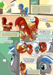 Size: 751x1063 | Tagged: safe, artist:mysticalpha, oc, oc only, oc:captain sunride, oc:cloud zapper, pegasus, pony, comic:cloud zapper and the helm of chaos, armor, comic, red helmet, royal guard, royal guard armor