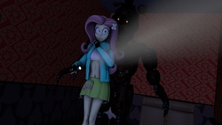 Size: 4675x2630 | Tagged: safe, artist:fazbearsparkle, fluttershy, equestria girls, g4, 3d, adidas, animatronic, clothes, crossover, fear, five nights at freddy's, five nights at freddy's 4, flashlight (object), fnaf 4, gloves, in the dark, jacket, light, midriff, miniskirt, nightmare freddy, scared, skirt, source filmmaker