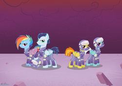 Size: 7016x4961 | Tagged: safe, artist:ruthless7, fleetfoot, rainbow dash, soarin', spitfire, pony, g4, alternate timeline, apocalypse dash, apocalypse fleetfoot, apocalypse soarin', apocalypse spitfire, crystal war timeline, show accurate, sombraverse, torn ear, wonderbolts
