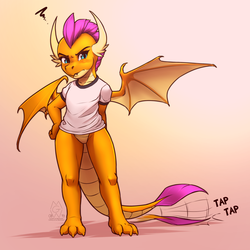 Size: 2375x2375 | Tagged: safe, artist:mykegreywolf, edit, smolder, dragon, g4, blushing, bottomless, clothes, dragoness, featureless crotch, female, gradient background, gym uniform, high res, impatient, looking at you, nudity, partial nudity, shirt, smolder is not amused, solo, unamused