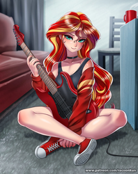 Size: 1000x1265 | Tagged: safe, artist:racoonsan, sunset shimmer, human, equestria girls, g4, chair, choker, clothes, coffee mug, converse, couch, cute, eyeshadow, female, guitar, humanized, indoors, legs, looking at you, makeup, mug, musical instrument, nail polish, shimmerbetes, shoes, sitting, smiling, sneakers, solo, tank top