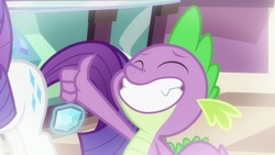 Size: 1920x1080 | Tagged: safe, screencap, spike, dragon, pony, unicorn, dragon dropped, g4, cute, eyes closed, fangs, female, gem, grin, magic, male, mare, smiling, solo focus, spikabetes, telekinesis, thumbs up, winged spike, wings