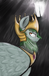 Size: 2000x3090 | Tagged: safe, oc, oc only, oc:azure glide, pegasus, pony, armor, beard, commission, context in description, crowned helmet, elderly, facial hair, graying hair, high res, jewelry, lamppost, male, older oc, peytral, rain, regalia, scar, solo, stallion