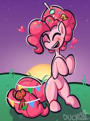 Size: 629x845 | Tagged: dead source, safe, artist:duckoiii, pinkie pie, earth pony, pony, g4, the last problem, candy, cute, diapinkes, eyes closed, female, food, lollipop, older, older pinkie pie, open mouth, solo, teddy bear