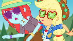 Size: 1920x1080 | Tagged: safe, screencap, applejack, peppermint azure, accountibilibuddies, equestria girls, equestria girls series, g4, spoiler:choose your own ending (season 2), spoiler:eqg series (season 2), applejack's festival hat, applejack's sunglasses, bare shoulders, bracelet, cowboy hat, dancing, female, hat, jewelry, necklace, ouch, outdoors, sunglasses