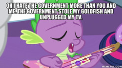 Size: 600x337 | Tagged: safe, edit, edited screencap, screencap, spike, dragon, g4, my little pony best gift ever, animaniacs, guitar, memeful.com, musical instrument, solo focus, whiny protest songs from the 60s, winged spike, wings