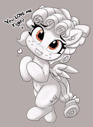 Size: 2280x3117 | Tagged: safe, artist:pabbley, cozy glow, pegasus, pony, belly button, cozybetes, cute, dialogue, ear fluff, female, filly, floating heart, gray background, heart, looking at you, mare, monochrome, partial color, simple background, smiling, solo