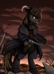Size: 2550x3509 | Tagged: safe, artist:pridark, oc, oc only, oc:blindfire, pony, bipedal, cigarette, clothes, commission, gun, hat, high res, scenery, wasteland, weapon