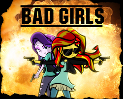 Size: 1044x839 | Tagged: safe, artist:dan232323, starlight glimmer, sunset shimmer, equestria girls, equestria girls specials, g4, my little pony equestria girls: mirror magic, bad boys, beanie, clothes, cool guys don't look at explosions, dress, dual pistols, dual wield, duo, explosion, eyeshadow, female, fire, glock, gun, handgun, hat, jeans, leggings, looking at you, makeup, movie, pants, pistol, raised eyebrow, smiling, sunglasses, text, torn clothes, weapon